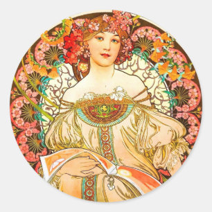 Pegatina Redonda Alphonse Mucha Art Nouveau Daydream