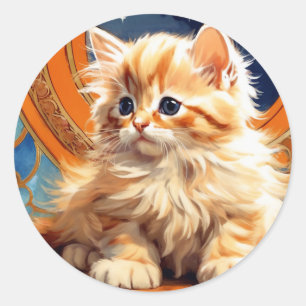 Pegatina Redonda Alphonse Mucha Art Nouveau Naranja Cat