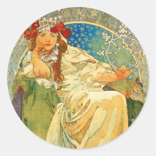 Pegatina Redonda Alphonse Mucha Art Nouveau Princess Hyacinth