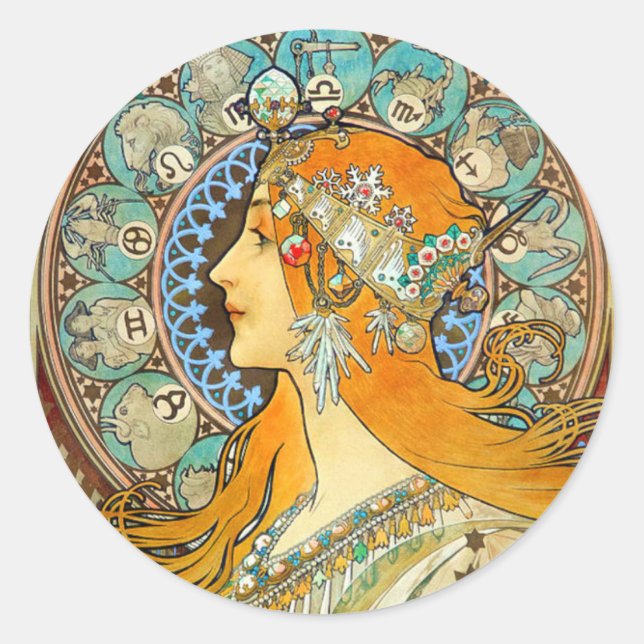 Pegatina Redonda Alphonse Mucha Art Nouveau Zodiac (Anverso)