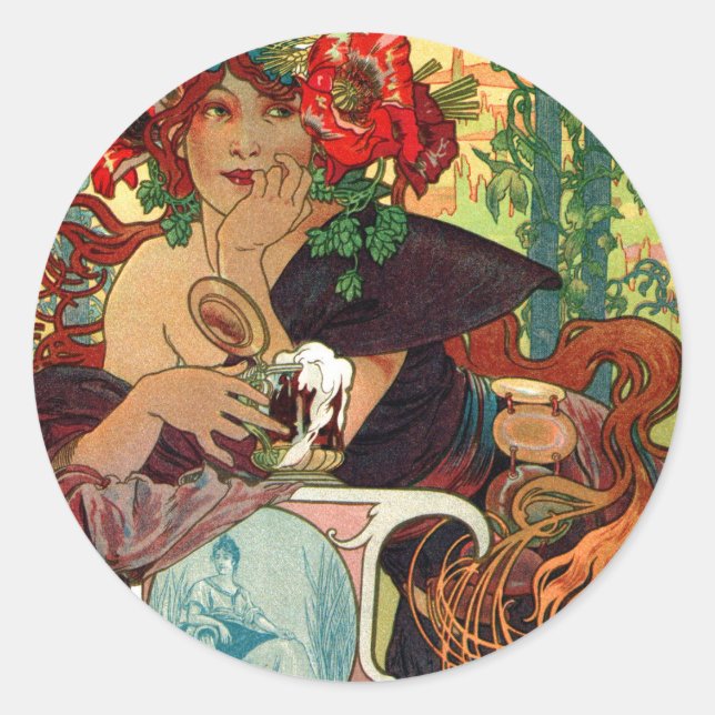 Pegatina Redonda Alphonse Mucha Bieres De La Meuse (Anverso)