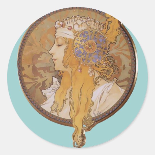 Pegatina Redonda Alphonse Mucha ~ Cabeza bizantina: La rubia (Anverso)