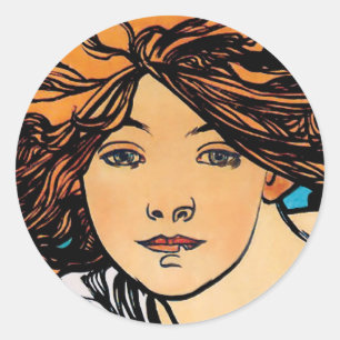 Pegatina Redonda Alphonse Mucha - Ciclos Perfecta Retro Art Nouveau