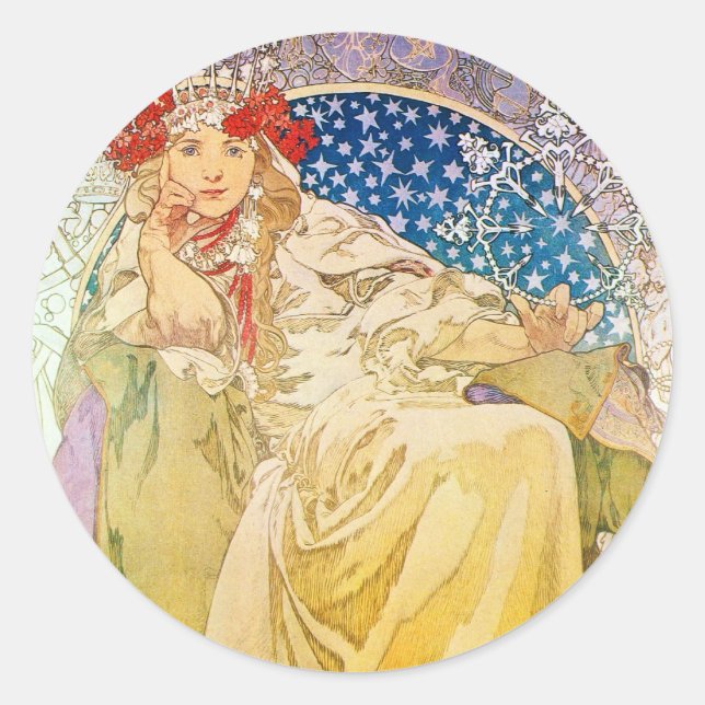Pegatina Redonda Alphonse Mucha Diosa (Anverso)