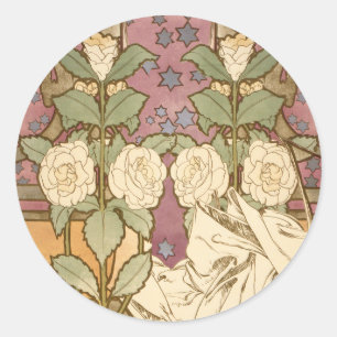Pegatina Redonda Alphonse Mucha Estrellas Elegantes Art Nouveau Cam