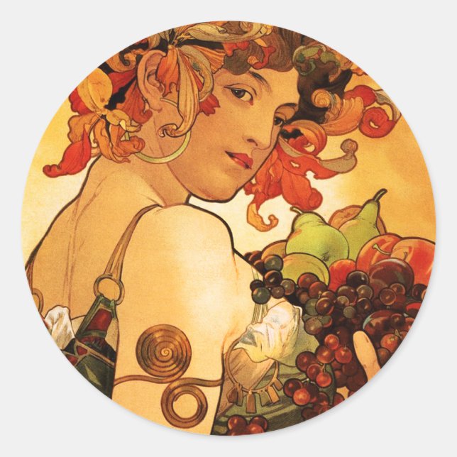 Pegatina Redonda Alphonse Mucha Fruit Pegatinas (Anverso)