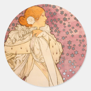Pegatina Redonda Alphonse Mucha La Dame Aux Camelias: Art Nouveau 
