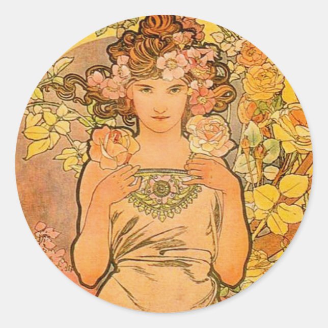 Pegatina Redonda Alphonse Mucha Los Rosas Pegatinas (Anverso)