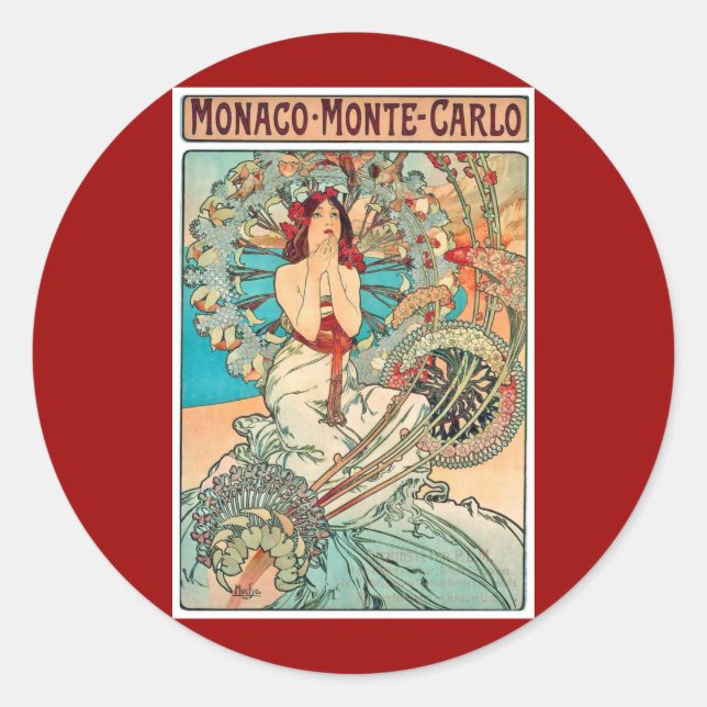 Pegatina Redonda Alphonse Mucha Monaco, Montecarlo, 1897 (Anverso)