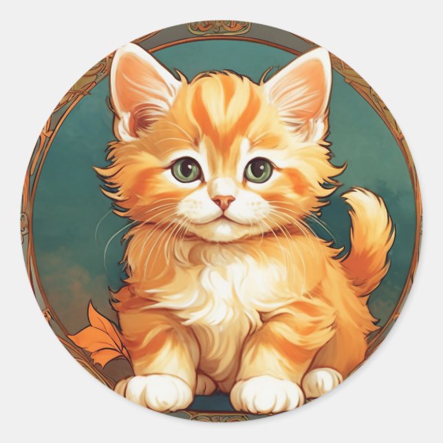 Pegatina Redonda Alphonse Mucha Style Naranja Cat (Anverso)