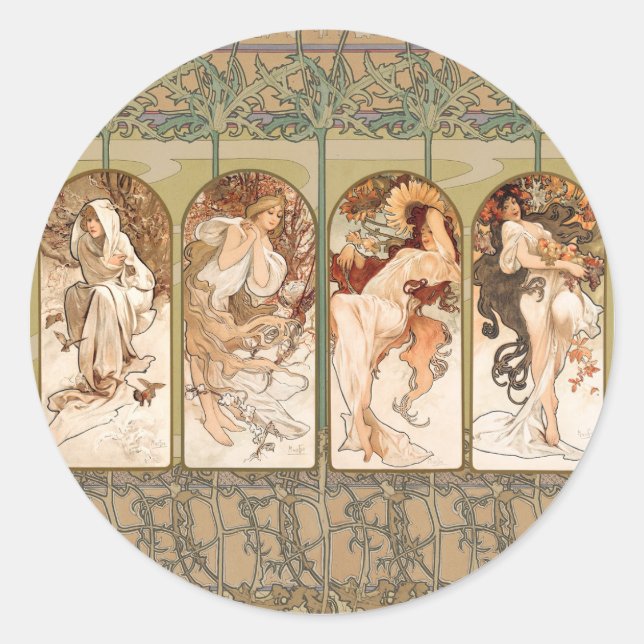 Pegatina Redonda Alphonse Mucha The Seasons 1897 Art Nouveau (Anverso)