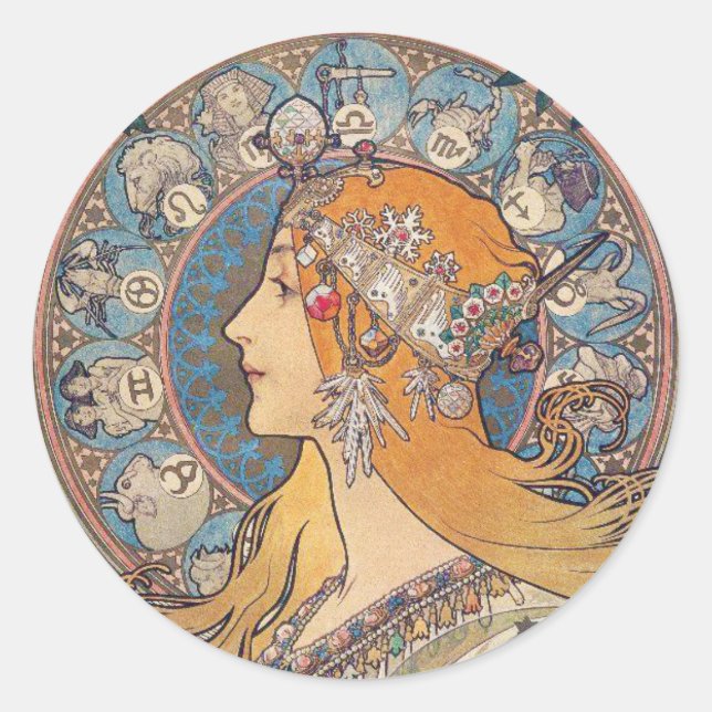 Pegatina Redonda Alphonse Mucha , “Zodiac” (Anverso)