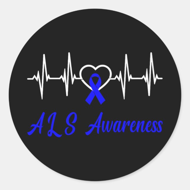Pegatina Redonda Als Awareness Heartbeat Love Blue Ribbon Support F (Anverso)