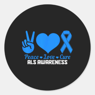 Pegatina Redonda Als Awareness Month Peace Love Cure Blue Ribbon