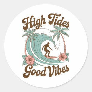 Pegatina Redonda Alta marea, buenas vibraciones - Surfing Ocean Adv