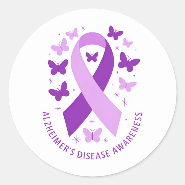 Pegatina Redonda Alzheimer's Disease Awareness Purple Ribbon (Anverso)