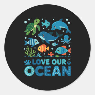Pegatina Redonda Ama nuestro océano - animales marinos vida marina 