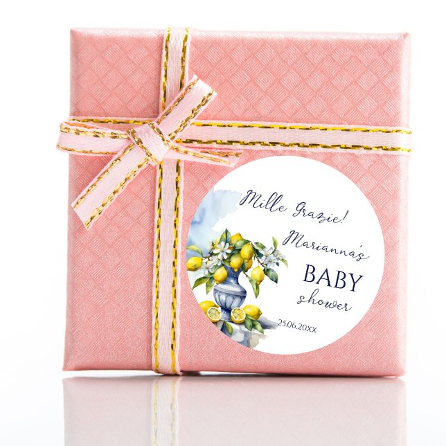 Pegatina Redonda Amalfi italiano jarrón azul limón bebé ducha (Amalfi Italian vintage ceramic blue vase lemon baby shower thank you favor Classic Round Sticker)
