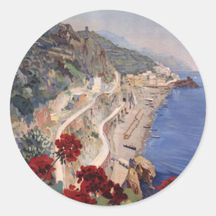 Pegatina Redonda Amalfi Napoli Italia Cartel de Viaje Italiano Vint