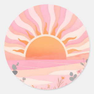 Pegatina Redonda Amanecer Pastel Boho Pradera
