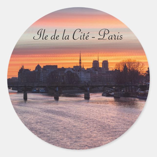 Pegatina Redonda Amanecer sobre Ile de la Cite y Notre Dame - París (Anverso)