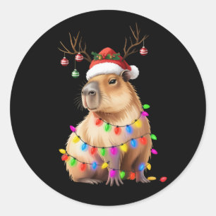 Pegatina Redonda Amante de animales Capybara Luces de Navidad Cappy