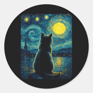 Pegatina Redonda Amante de Gatos Negros Noche Estrellada Vincent Va