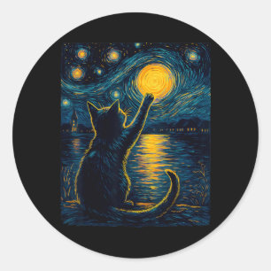Pegatina Redonda Amante de Gatos Negros Noche Estrellada Vincent Va