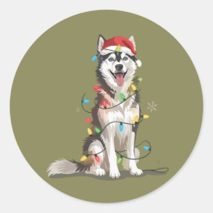 Pegatina Redonda Amante de Husky Navidad Siberiano Navidad Perro Ma