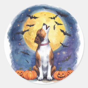 Pegatina Redonda Amante de Perros en Halloween Luna Llena Calabazas