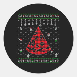 Pegatina Redonda Amante de Pizza a Cuadros Rojos Divertida Navidad