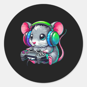 Pegatina Redonda Amante de videojuegos divertidos de ratón jugador