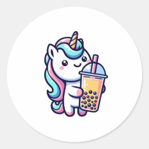 Pegatina Redonda amante del té de burbujas de unicornio