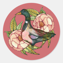 Pegatina Redonda Amantes de la naturaleza de Mallard Duck Peony