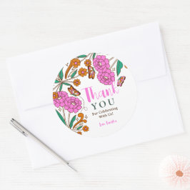 Pegatina Redonda Amantes de las Mariposas Rosa Floral Script Nupcia