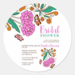 Pegatina Redonda Amantes de Mariposas Rosa Floral Script Nupcial
