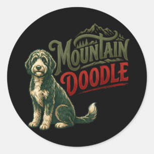 Pegatina Redonda Amantes de perros doodle de montaña vintage retro