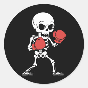 Pegatina Redonda Amantes del boxeo en Skeleton espeluznantes Boxeo