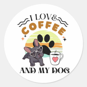 Pegatina Redonda Amantes del Café - Me encanta el café y mi perro