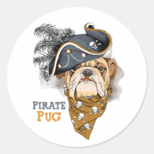 Pegatina Redonda Amantes del perro lindo Gorra del pirata de pug