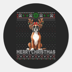 Pegatina Redonda Amantes del perro reno del boxeador navideño Ugly 