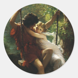 Pegatina Redonda Amantes en un columpio. Primavera de Pierre August