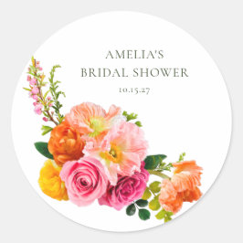 Pegatina Redonda Amapolas Florales Vibrantes Rosa Bridal Shower