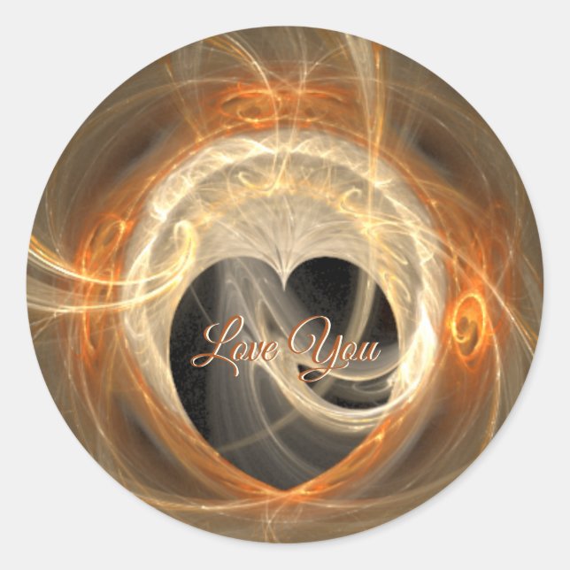 Pegatina Redonda Amar | Naranja Heart Swirl Fractal (Anverso)