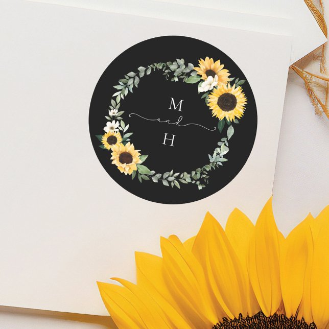 Pegatina Redonda Amarillo acuarela Sunflower País Wreath Boda (Yellow Watercolor Sunflower Country Wreath Wedding Classic Round Sticker)