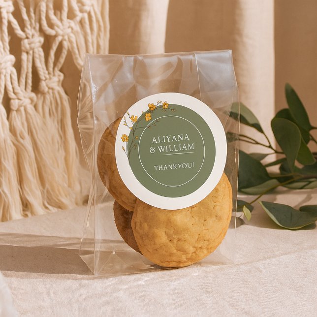 Pegatina Redonda Amarillo Antiguo Floral Elegante Verde Rústico (Subido por el creador)