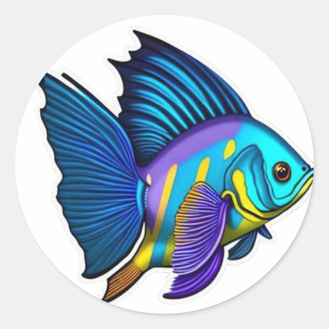 Pegatina Redonda Amarillo, azul y morado Pescado clásico Ronda S (Anverso)