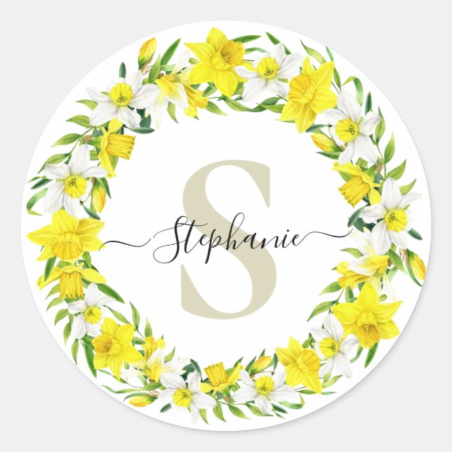 Pegatina Redonda Amarillo Blanco Daffodil Garland Monograma Nombre (Anverso)