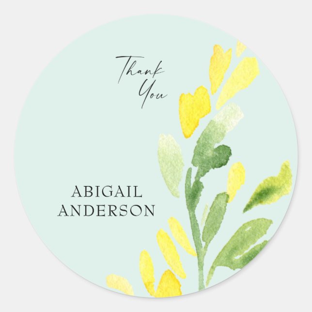 Pegatina Redonda Amarillo Flores Silvestres Mint Nombre personaliza (Anverso)