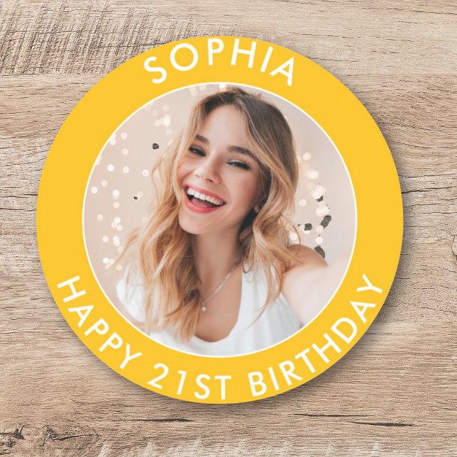 Pegatina Redonda Amarillo moderno brillante feliz foto de cumpleaño (Yellow Modern Bright Happy 21st Birthday Photo Classic Round Sticker)